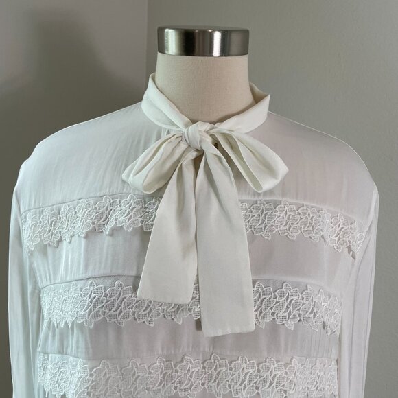 Maje 3 Womens Large Ivory Ruffle Blouse Tie Neck Long Sleeve Shirt Top - Picture 3 of 12